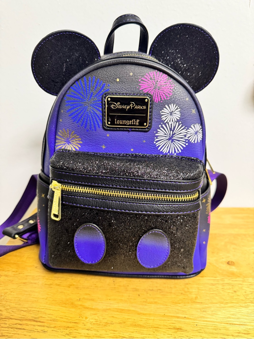 Loungefly 50th Purple and Black Fireworks Mickey Ear Mini Backpack